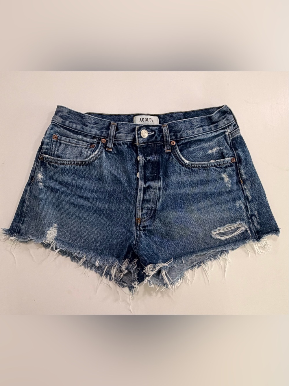 AGOLDE Parker High Rise Distressed Cutoff Denim Shorts Medium Indigo Blue Sz 27